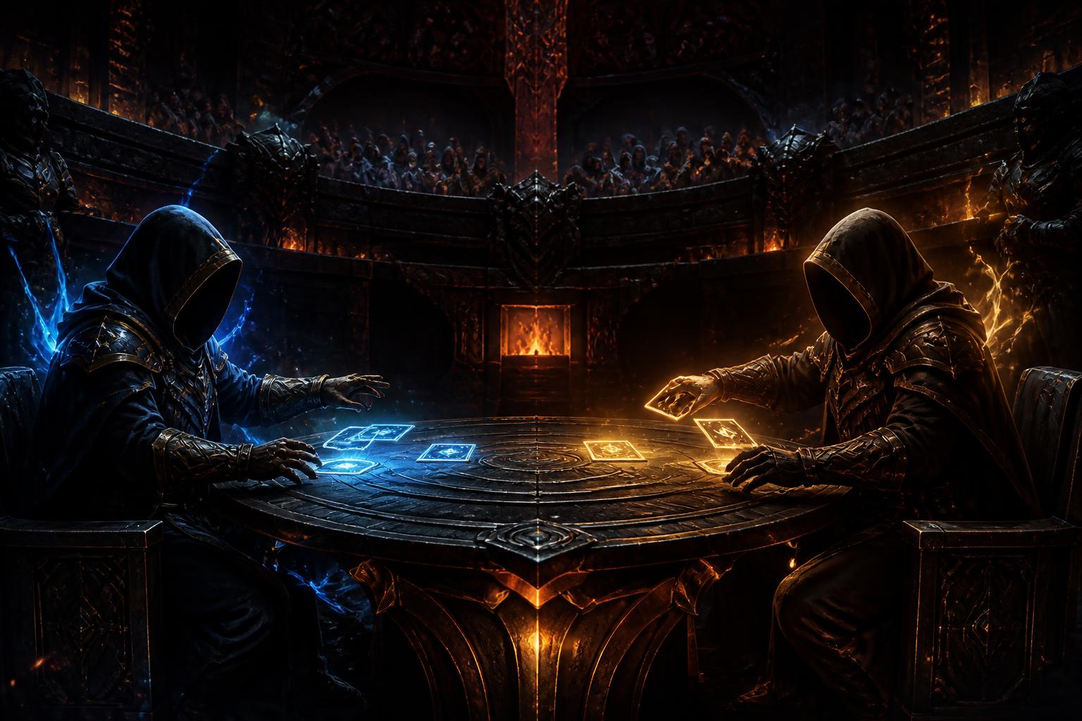 Original fantasy artwork of two anonymous competitors facing off at a forged-metal strategy table in an underground arena